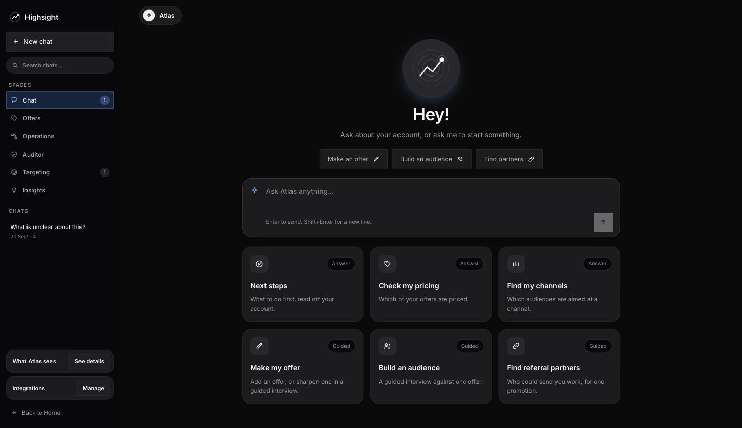 Atlas's ask box, with the six spaces it reads listed in the sidebar